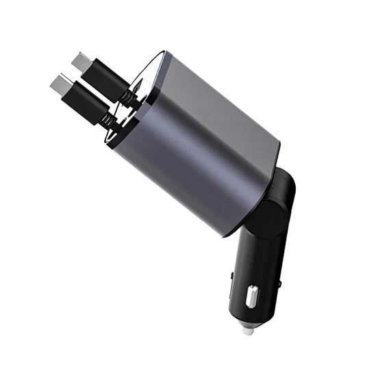 Supercharge Retractable Car Charger, Compatible with iPhone and Android Mobile, Fast Car Power Adapter, 80cm Two Cables, Type-C Output 100W, USB and Display